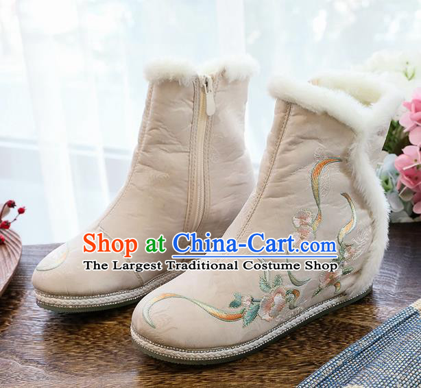 Chinese National Winter Boots Traditional Ancient Swordswoman Shoes Embroidered Grey Cloth Boots