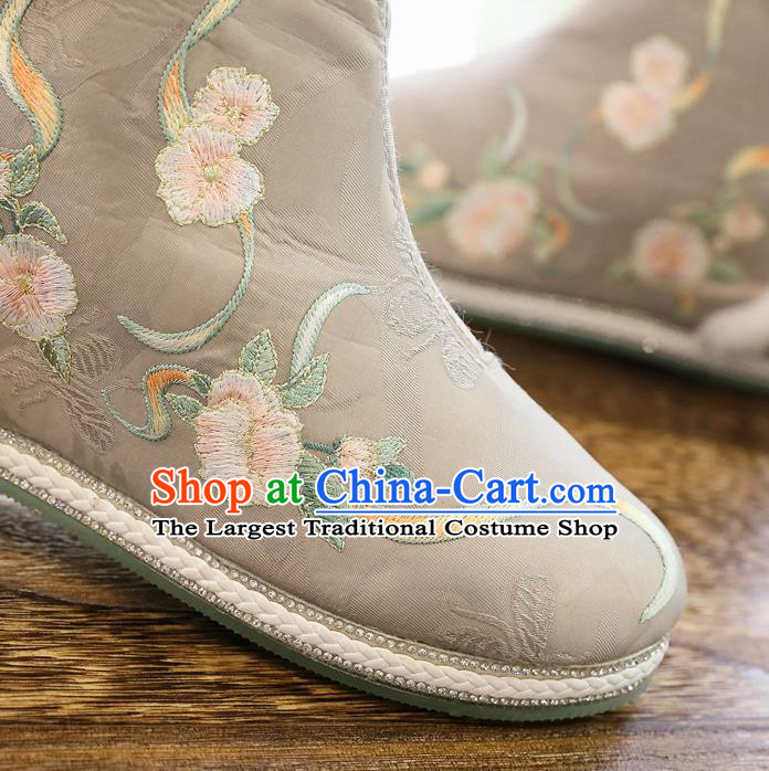 Chinese National Winter Boots Traditional Ancient Swordswoman Shoes Embroidered Grey Cloth Boots