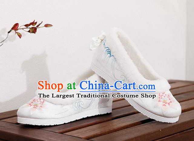 Chinese Woman Embroidered Lotus Shoes National Winter White Cloth Shoes Traditional Dance Shoes