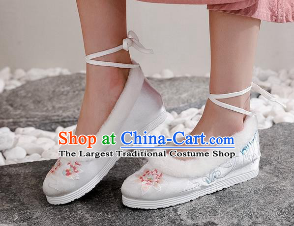 Chinese Woman Embroidered Lotus Shoes National Winter White Cloth Shoes Traditional Dance Shoes