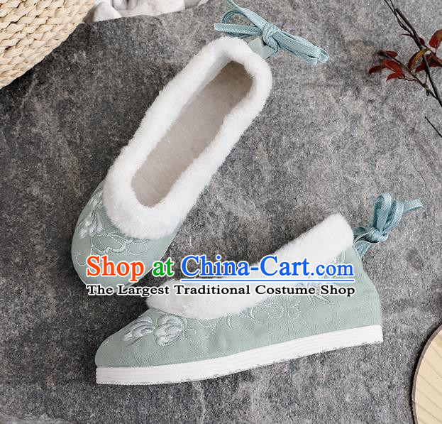 Chinese Woman Embroidered Shoes National Winter Light Green Cloth Shoes Traditional Folk Dance Shoes