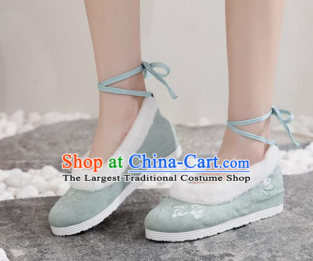 Chinese Woman Embroidered Shoes National Winter Light Green Cloth Shoes Traditional Folk Dance Shoes
