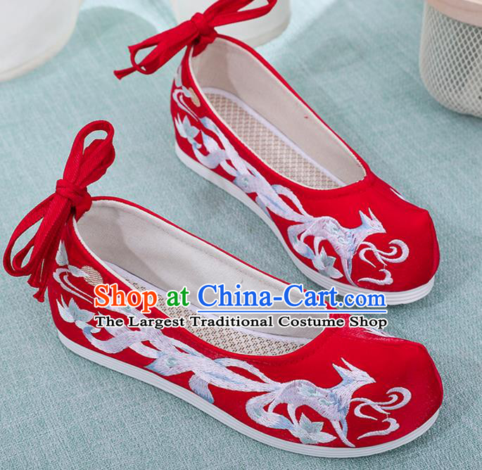 China Ancient Fairy Princess Shoes Classical Hanfu Red Cloth Shoes Wedding Embroidered Nine Tail Fox Shoes