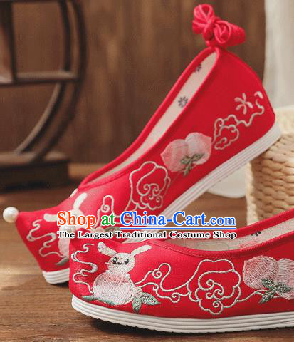China Handmade Wedding Red Cloth Bow Shoes Folk Dance Shoes Embroidered Peach Shoes