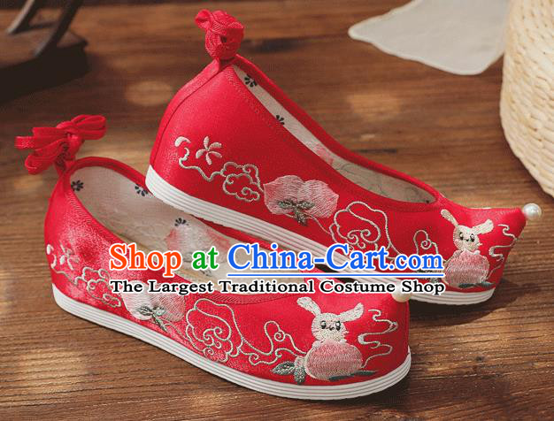 China Handmade Wedding Red Cloth Bow Shoes Folk Dance Shoes Embroidered Peach Shoes