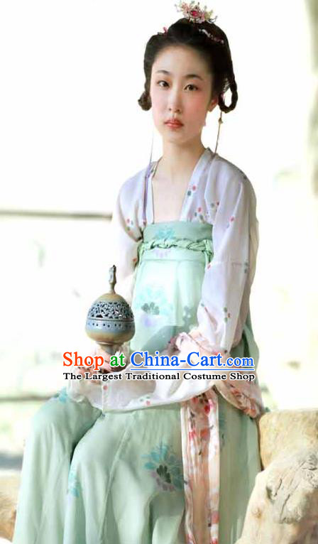 China Ancient Young Beauty Green Hanfu Dress Traditional Tang Dynasty Village Girl Historical Clothing