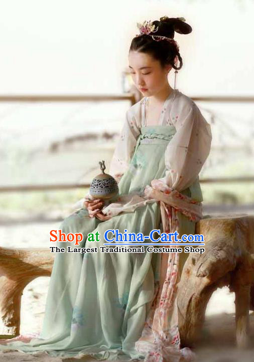 China Ancient Young Beauty Green Hanfu Dress Traditional Tang Dynasty Village Girl Historical Clothing