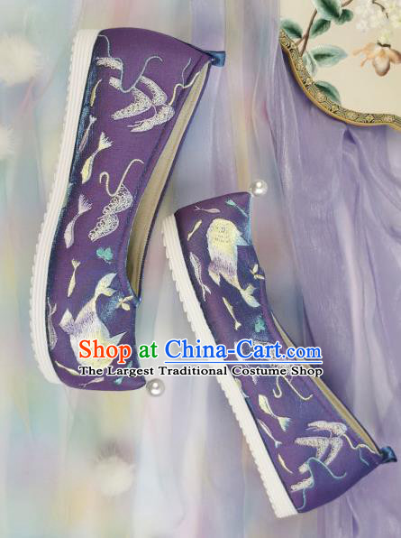 China Handmade Ming Dynasty Bow Shoes Ancient Princess Embroidered Shoes Traditional Hanfu Purple Satin Shoes
