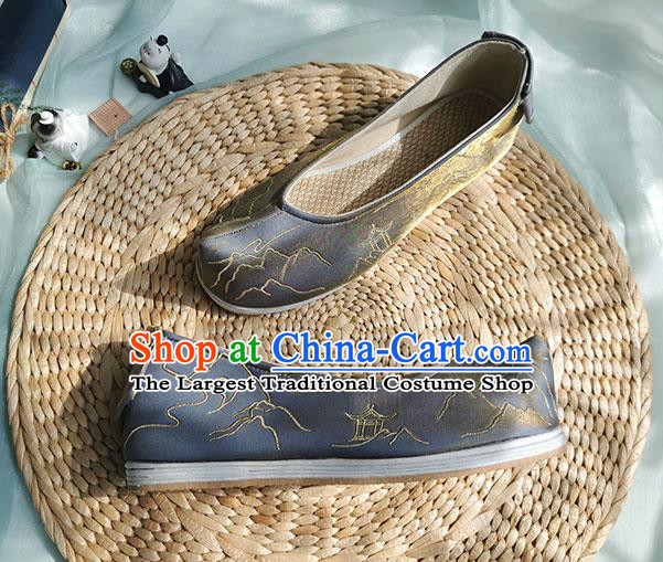 Chinese Traditional Embroidered Shoes Grey Cloth Shoes Ancient Swordsman Shoes