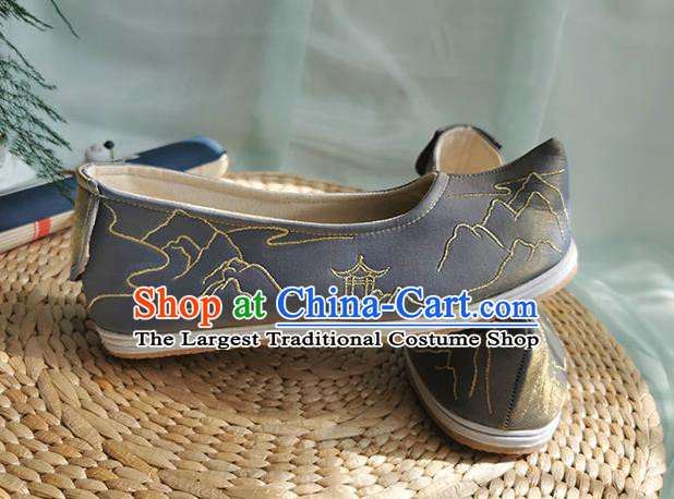 Chinese Traditional Embroidered Shoes Grey Cloth Shoes Ancient Swordsman Shoes