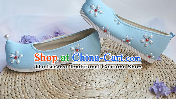 China Handmade Hanfu Blue Cloth Shoes Traditional Song Dynasty Pearls Shoes Ancient Princess Shoes