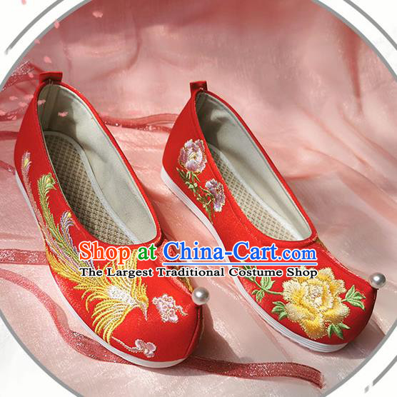 China Ancient Bride Red Shoes Classical Wedding Embroidered Phoenix Shoes Traditional Ming Dynasty Hanfu Shoes