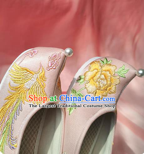 China Classical Embroidered Phoenix Shoes Traditional Ming Dynasty Hanfu Shoes Ancient Princess Pink Shoes