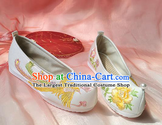 China Traditional Ming Dynasty Hanfu Shoes Ancient Princess White Shoes Classical Embroidered Phoenix Shoes