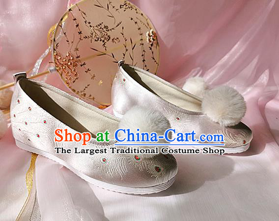 China Ancient Princess Shoes Classical Pink Brocade Shoes Traditional Hanfu Embroidered Peacock Feather Shoes