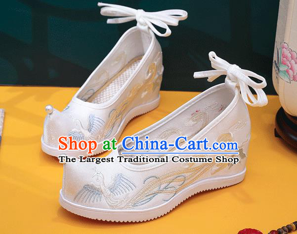 China Handmade Folk Dance Wedge Shoes Embroidered Phoenix Shoes Traditional Hanfu White Satin Shoes