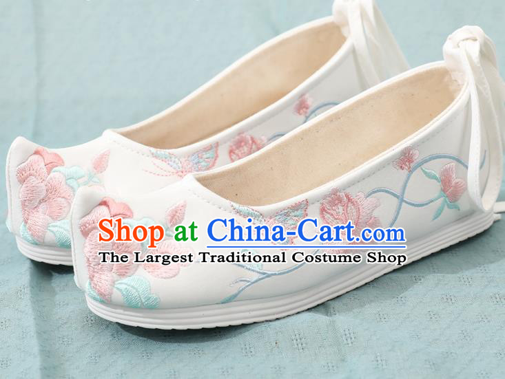 China Ming Dynasty Young Lady Shoes Traditional Hanfu Bow Shoes Embroidery Peony White Cloth Shoes
