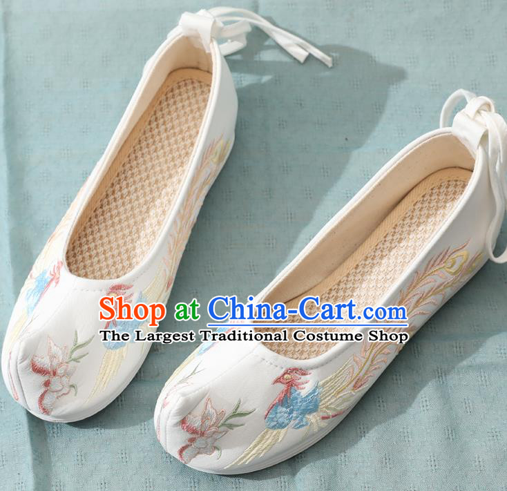 China Traditional Hanfu Bow Shoes Embroidery Phoenix White Cloth Shoes Ming Dynasty Young Lady Shoes