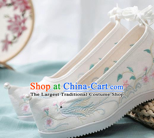 China Handmade Folk Dance Wedge Shoes National Woman Shoes Traditional Hanfu Embroidered Phoenix White Cloth Shoes