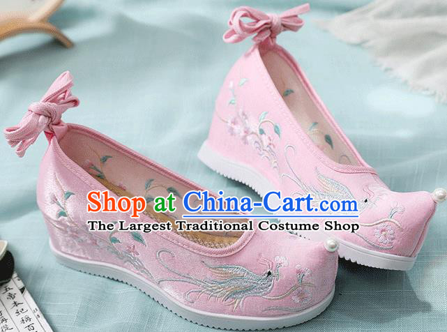 China Traditional Hanfu Embroidered Phoenix Pink Cloth Shoes Handmade Folk Dance Wedge Shoes National Woman Shoes