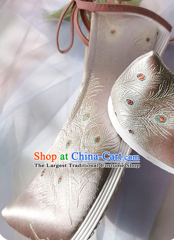 China Classical Pink Brocade Shoes Traditional Hanfu Embroidered Peacock Feather Shoes Ancient Princess Shoes
