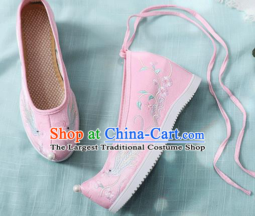 China Traditional Hanfu Embroidered Phoenix Pink Cloth Shoes Handmade Folk Dance Wedge Shoes National Woman Shoes
