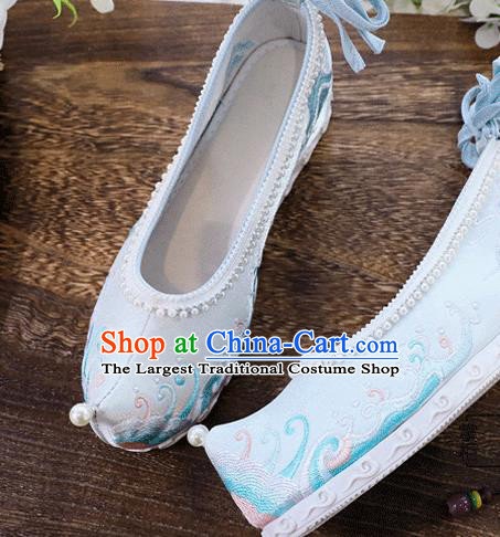 China Traditional Hanfu Embroidered Wave Shoes Handmade Folk Dance Pearls Shoes National Woman Light Blue Shoes