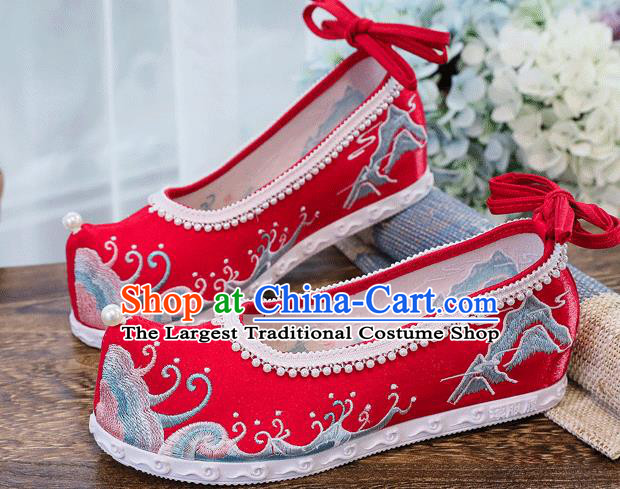 China National Woman Wedding Red Shoes Traditional Hanfu Embroidered Wave Shoes Handmade Folk Dance Pearls Shoes