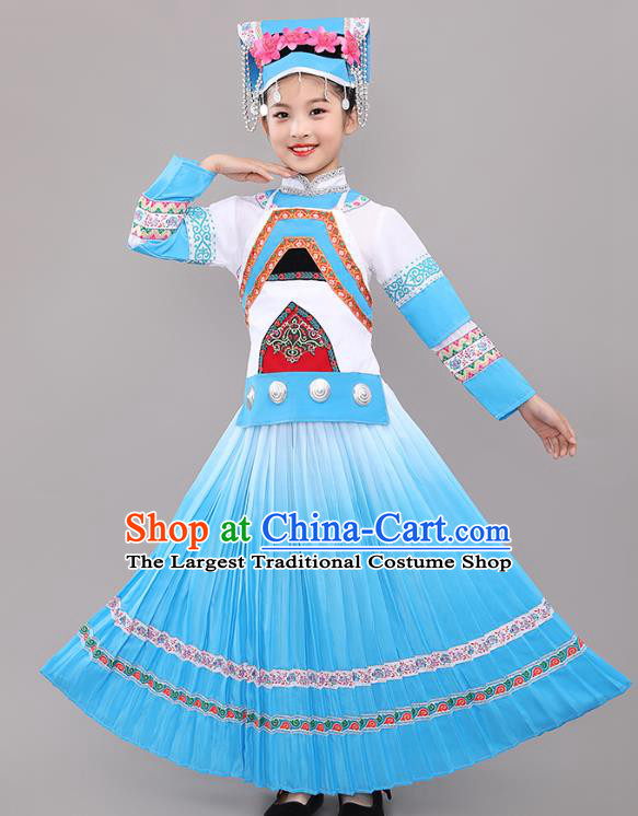 Chinese Bouyei Nationality Children Performance Costumes Guizhou Puyi Ethnic Folk Dance Blue Dress Clothing