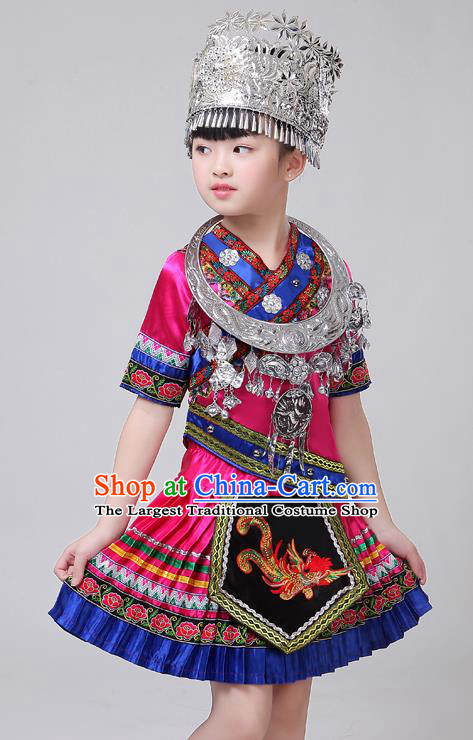 Chinese Tujia Ethnic Stage Performance Rosy Short Dress Outfits Yi Nationality Girl Festival Costumes