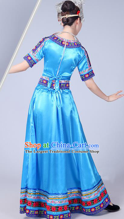 China Ethnic Stage Performance Blue Dress Yao Nationality Clothing Miao Minority Folk Dance Outfits and Hair Accessories