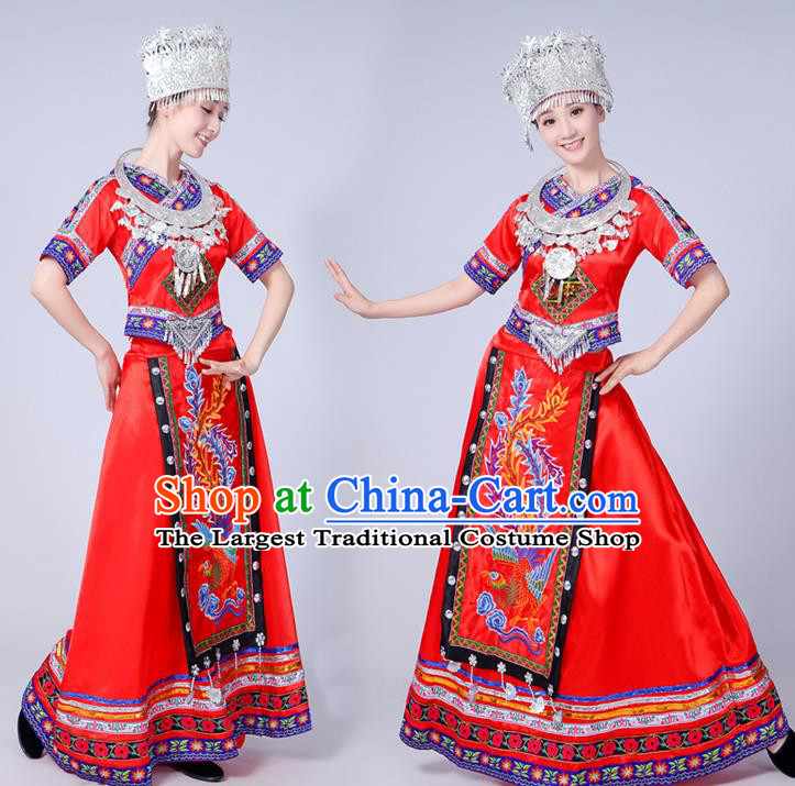 China Yao Nationality Clothing Miao Minority Folk Dance Outfits Ethnic Stage Performance Red Dress and Headwear