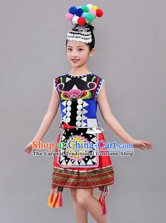 Chinese Tujia Nationality Children Performance Costumes Guizhou Ethnic Folk Dance Outfits