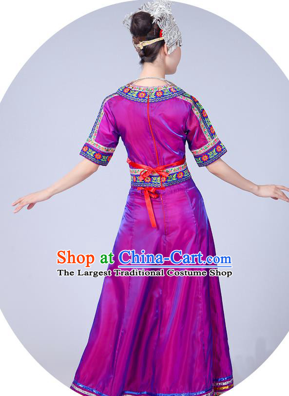 China Miao Minority Folk Dance Outfits Ethnic Stage Performance Purple Dress Yao Nationality Clothing and Headdress