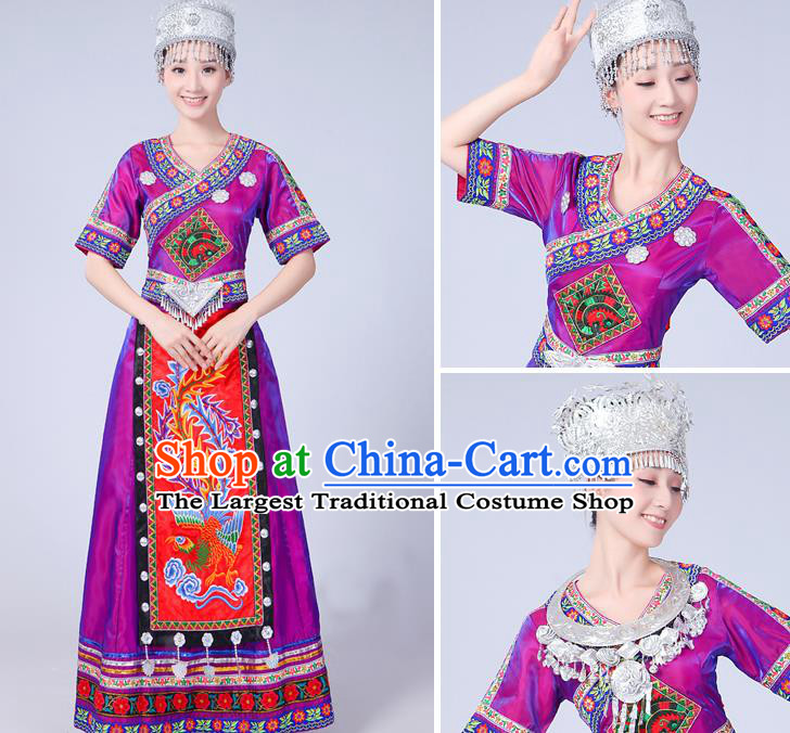 China Miao Minority Folk Dance Outfits Ethnic Stage Performance Purple Dress Yao Nationality Clothing and Headdress