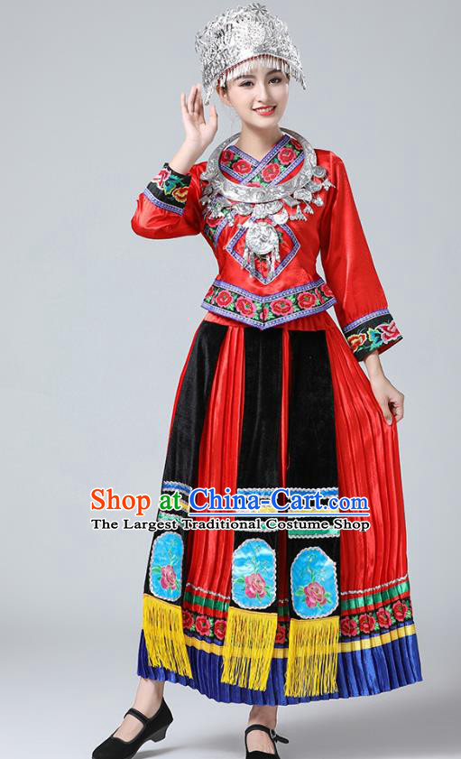 China Yi Minority Folk Dance Outfits Ethnic Stage Performance Red Dress Tujia Nationality Clothing and Hat