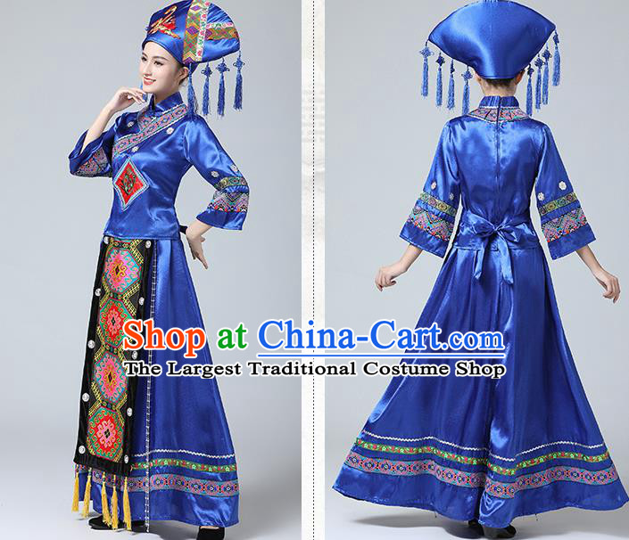 China Zhuang Nationality Clothing Guangxi Minority Folk Dance Outfits Ethnic Stage Performance Royalblue Dress and Headwear