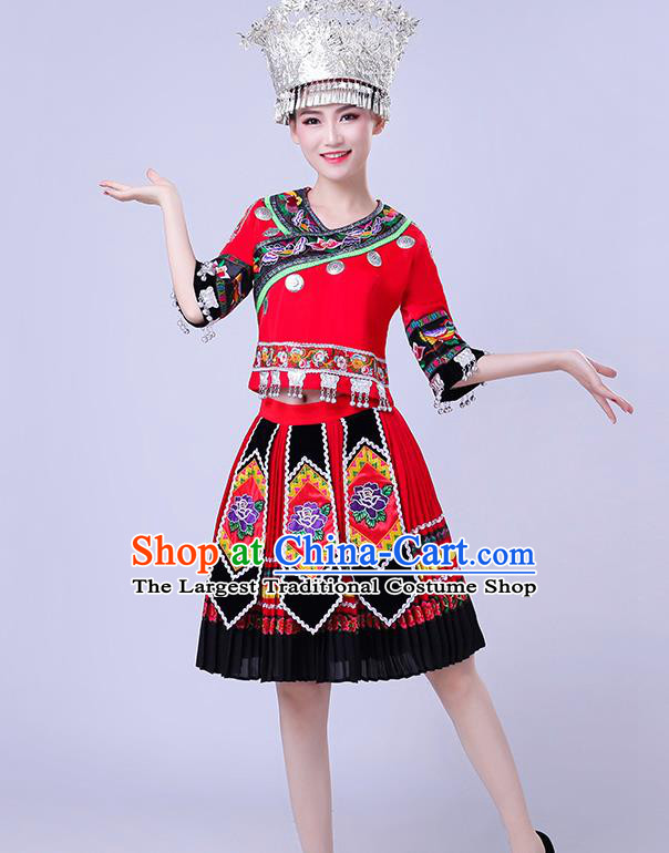 China Miao Nationality Performance Clothing Xiangxi Minority Folk Dance Outfits Hmong Ethnic Red Short Dress and Headwear