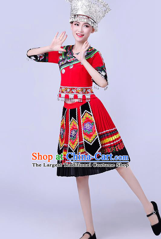 China Miao Nationality Performance Clothing Xiangxi Minority Folk Dance Outfits Hmong Ethnic Red Short Dress and Headwear