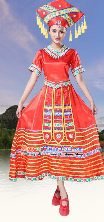 China Zhuang Nationality Clothing Yunnan Minority Folk Dance Outfits Ethnic Performance Red Dress and Hat