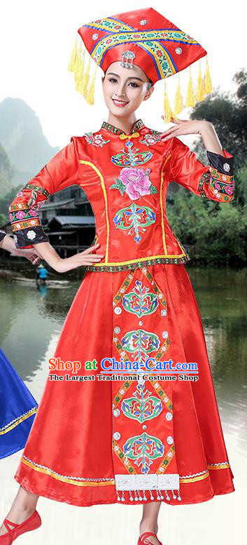 China Zhuang Nationality Clothing Yunnan Minority Folk Dance Outfits Ethnic Performance Red Dress and Hat