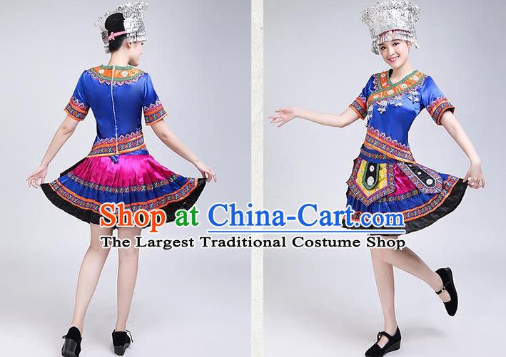 China Hmong Minority Outfits Ethnic Performance Royalblue Dress Miao Nationality Folk Dance Clothing and Headwear