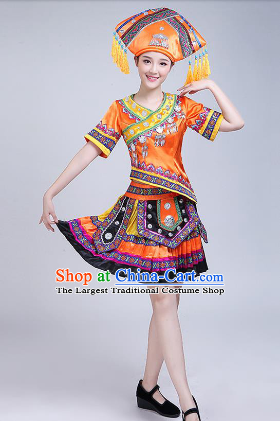 China Zhuang Minority Orange Outfits Guangxi Ethnic Performance Dress Nationality Folk Dance Clothing and Hat