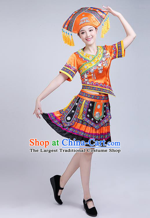 China Zhuang Minority Orange Outfits Guangxi Ethnic Performance Dress Nationality Folk Dance Clothing and Hat