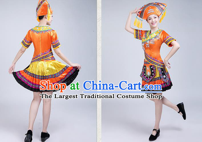 China Zhuang Minority Orange Outfits Guangxi Ethnic Performance Dress Nationality Folk Dance Clothing and Hat