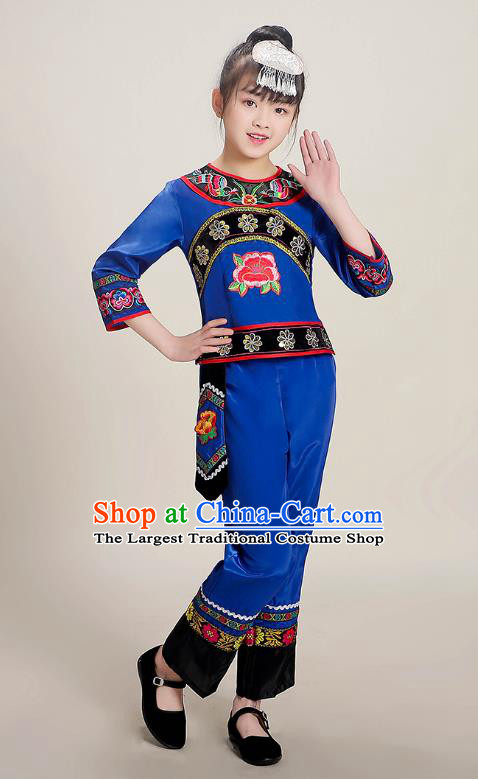 Chinese Zhuang Nationality Children Performance Costumes Guangxi Ethnic Folk Dance Royalblue Blouse and Pants Outfits