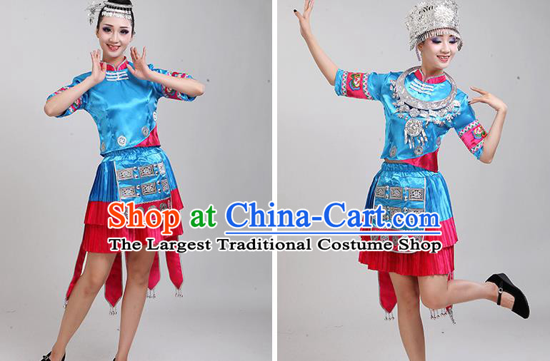 China Yao Minority Blue Outfits Nationality Folk Dance Clothing Tujia Ethnic Performance Dress and Hat