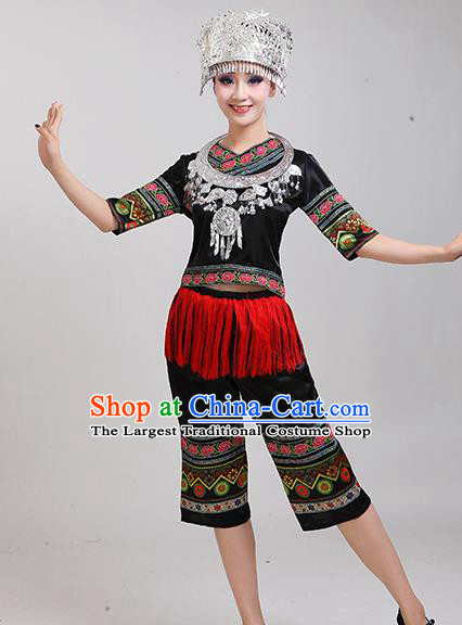 China Yao Nationality Folk Dance Clothing Tujia Ethnic Dress Minority Performance Black Outfits and Hat