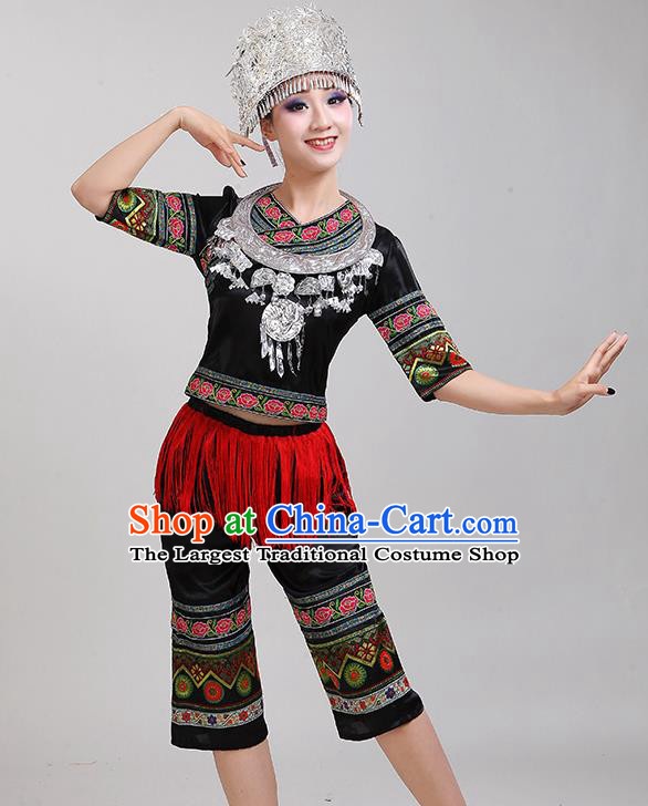 China Yao Nationality Folk Dance Clothing Tujia Ethnic Dress Minority Performance Black Outfits and Hat