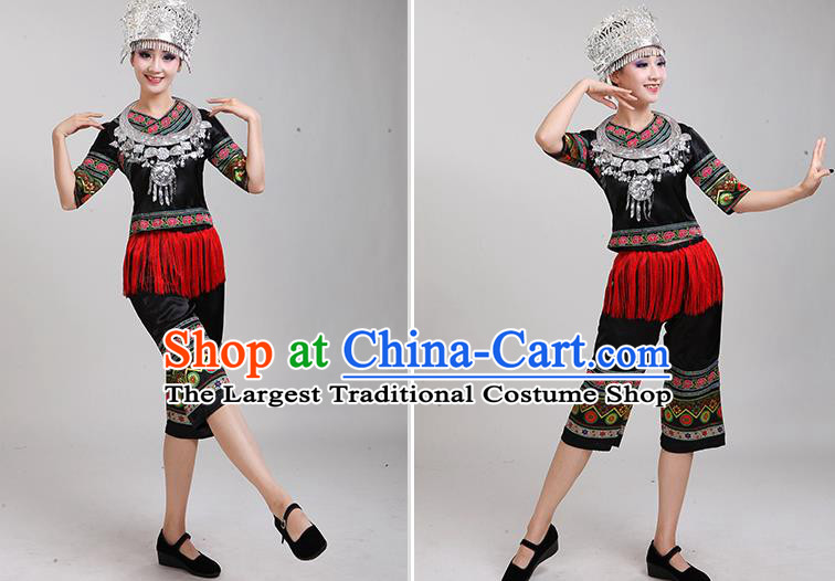 China Yao Nationality Folk Dance Clothing Tujia Ethnic Dress Minority Performance Black Outfits and Hat